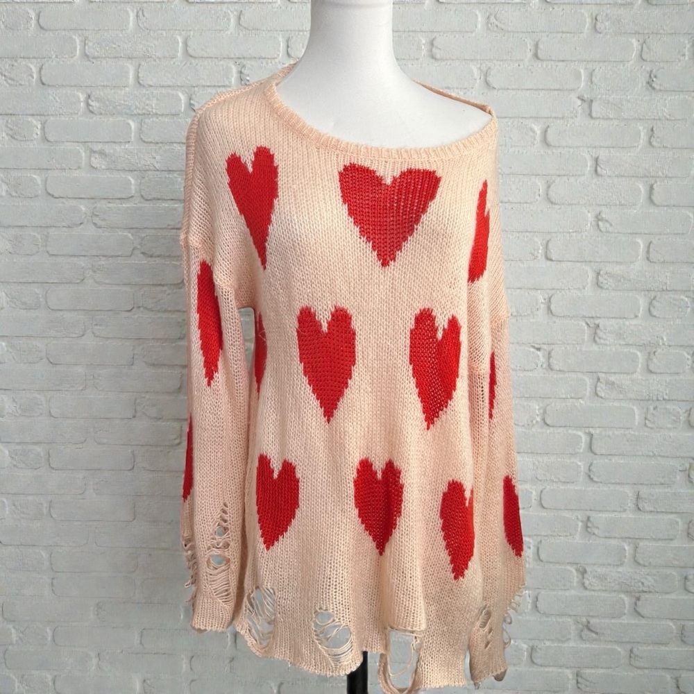 Wildfox Heart Print Distressed Knit Sweater – Oversized Slouchy S - Picture 2 of 7
